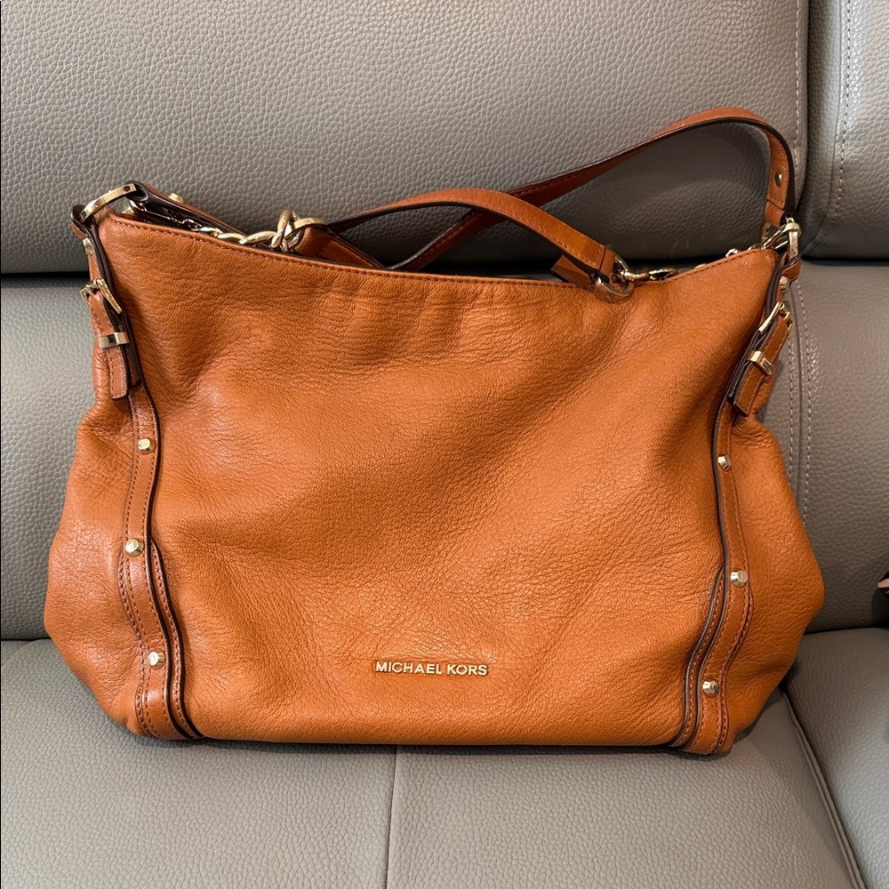 Michael Kors Leather Shoulder Bag – Cognac Brown | Gold Hardware